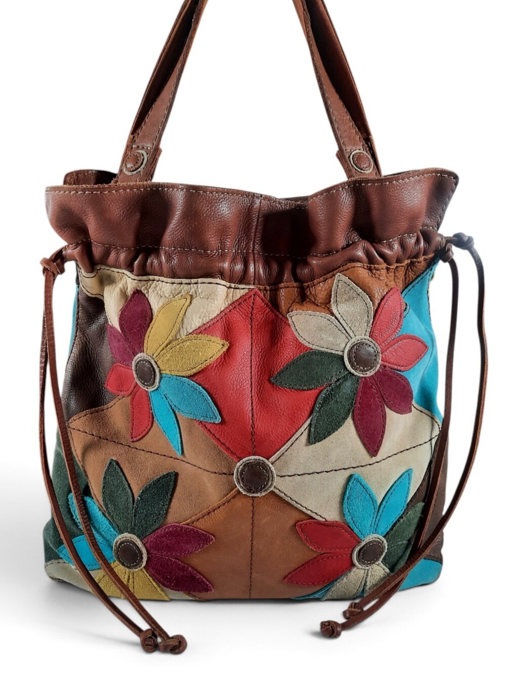 Y2K LUCKY BRAND Vtg Patchwork Leather Bag Drawstring 60s 70s Flower Hippie Boho
